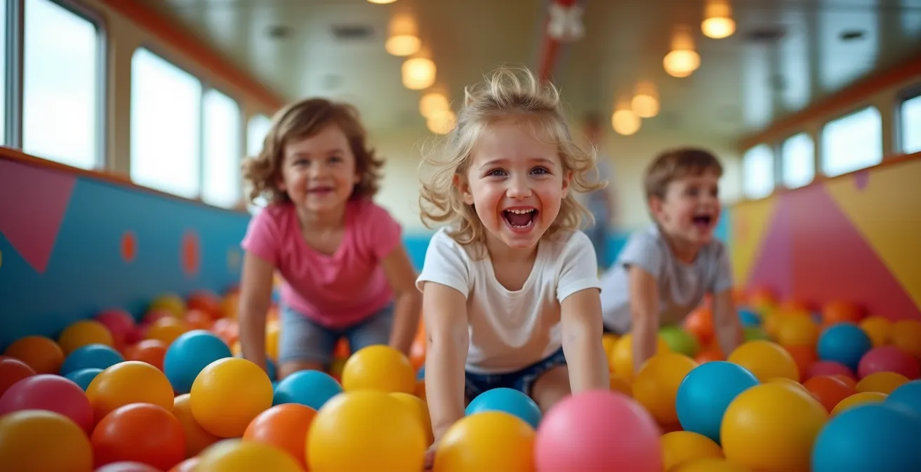 Bambini che giocano nell'area dedicata del traghetto con piscina di palline