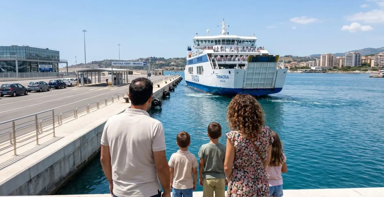 Una famiglia italiana di spalle osserva il mare e un traghetto ormeggiato al porto, momento di partenza per le vacanze